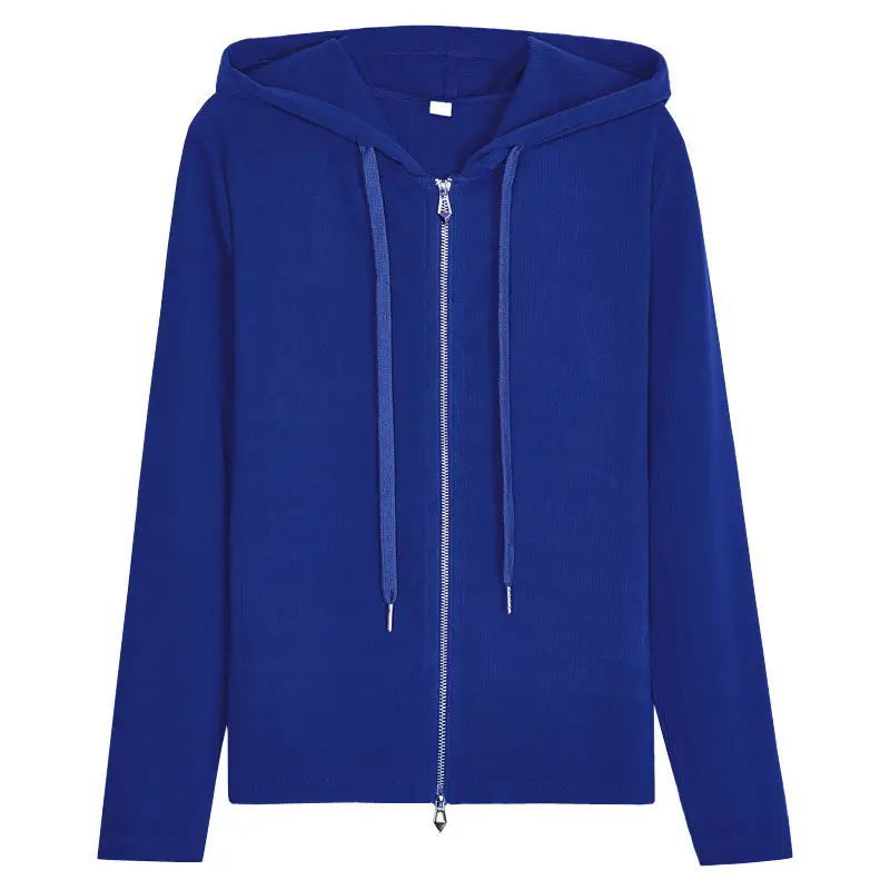 Women Blue Zipper Hoodie Long Sleeve T-Shirt - Image 9
