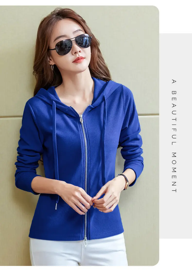 Women Blue Zipper Hoodie Long Sleeve T-Shirt — feature 10