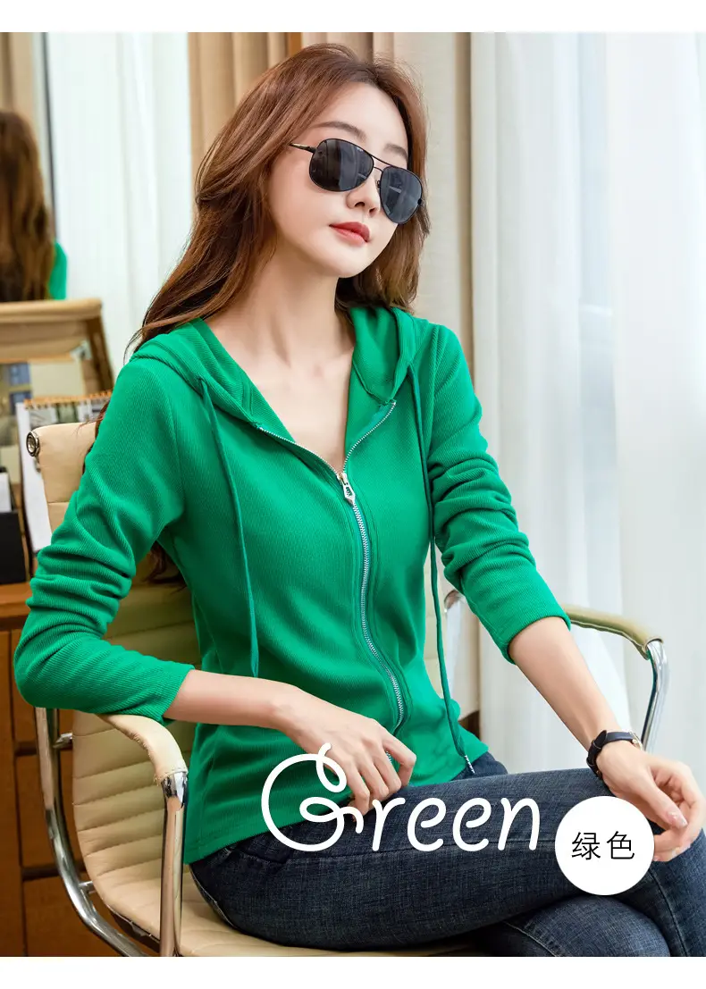 Women Blue Zipper Hoodie Long Sleeve T-Shirt — feature 12