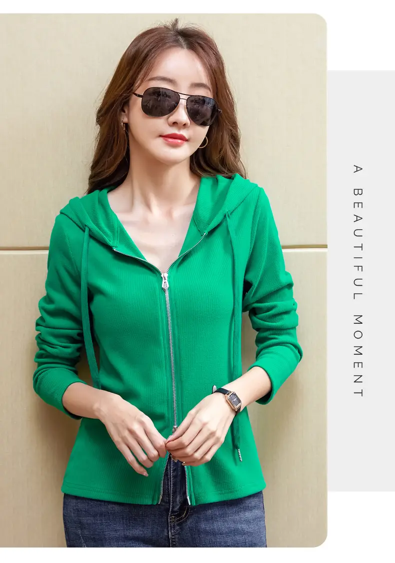 Women Blue Zipper Hoodie Long Sleeve T-Shirt — feature 13