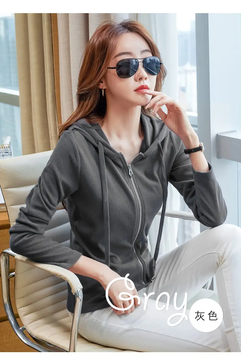 Women Blue Zipper Hoodie Long Sleeve T-Shirt — feature 15