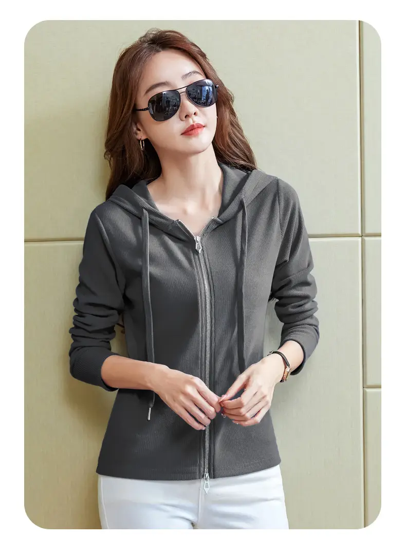 Women Blue Zipper Hoodie Long Sleeve T-Shirt — feature 16