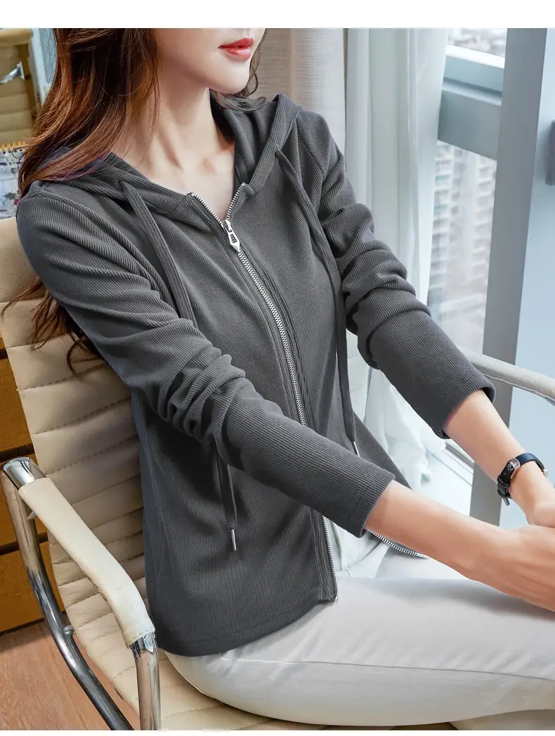 Women Blue Zipper Hoodie Long Sleeve T-Shirt — feature 17