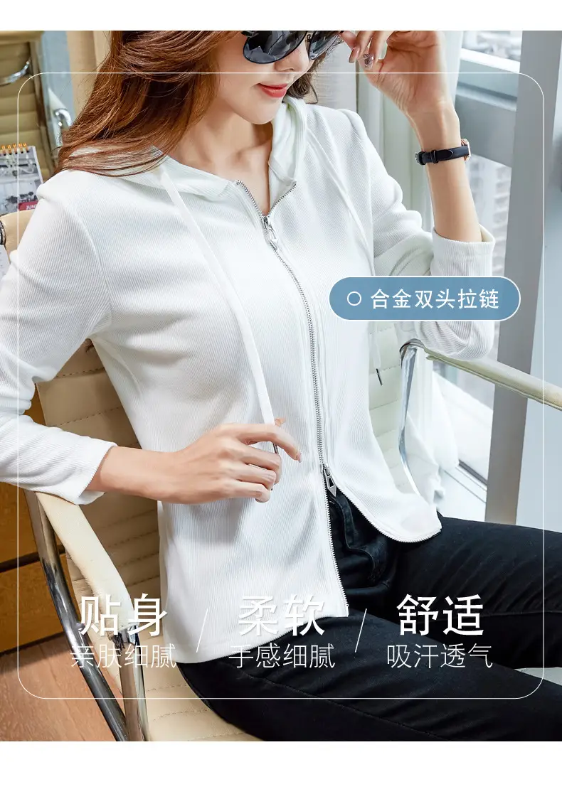 Women Blue Zipper Hoodie Long Sleeve T-Shirt — feature 2