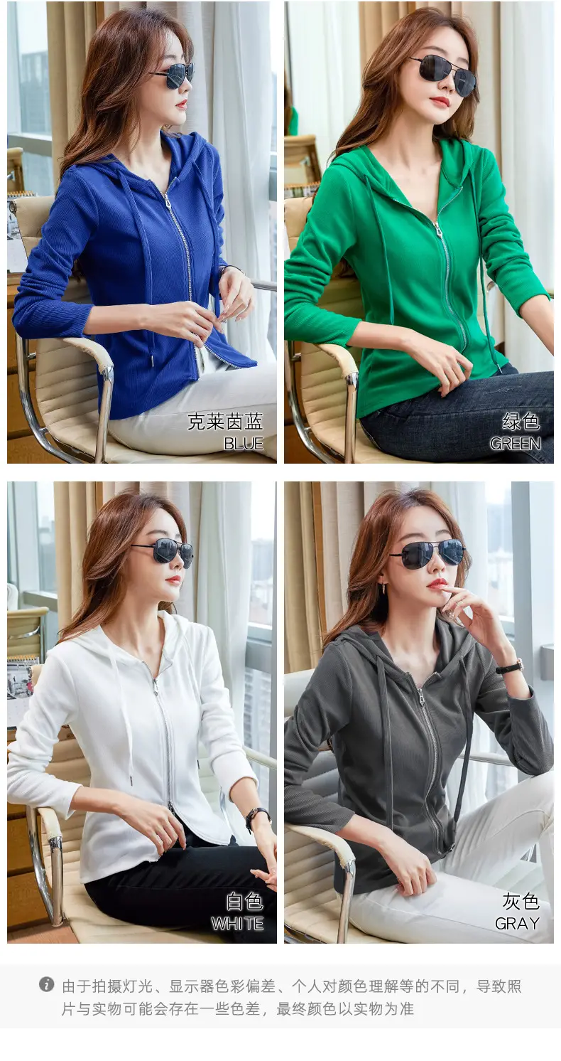 Women Blue Zipper Hoodie Long Sleeve T-Shirt — feature 4