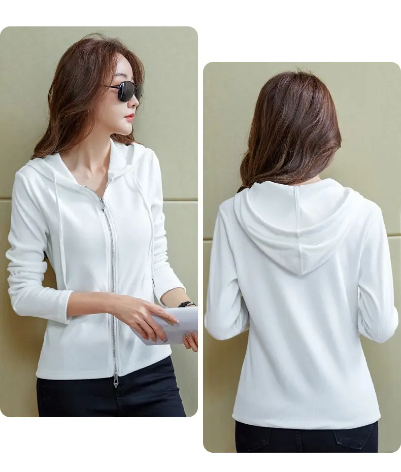 Women Blue Zipper Hoodie Long Sleeve T-Shirt — feature 7