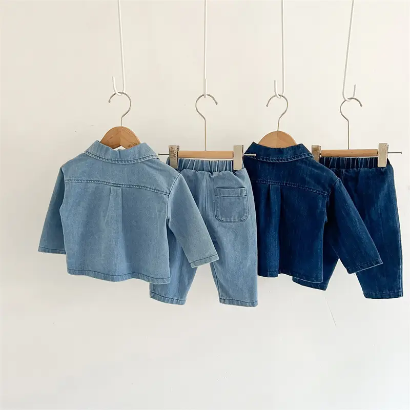 Spring Boys Girls Denim T-Shirt Trousers Set Blue - Image 6