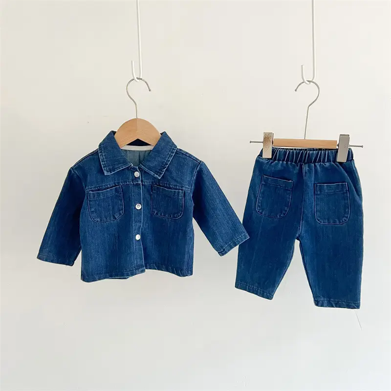 Spring Boys Girls Denim T-Shirt Trousers Set Blue - Image 7