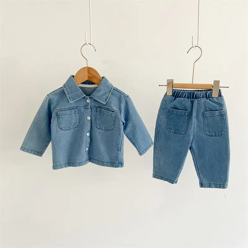 Spring Boys Girls Denim T-Shirt Trousers Set Blue - Image 8
