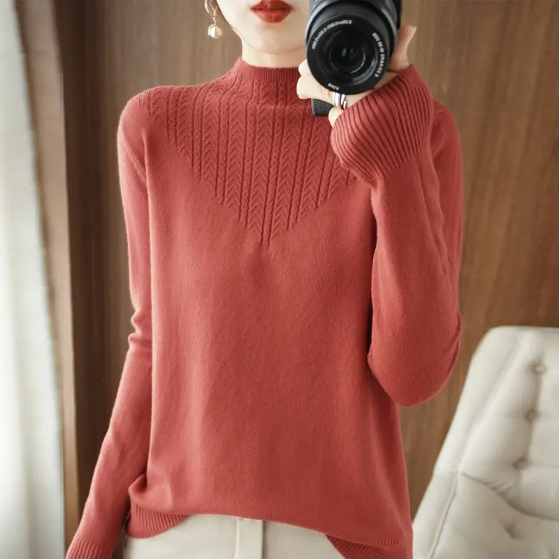 Women's New Knitted Half Turtleneck Top Beige - Image 3