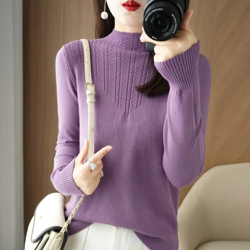 Women's New Knitted Half Turtleneck Top Beige - Image 5