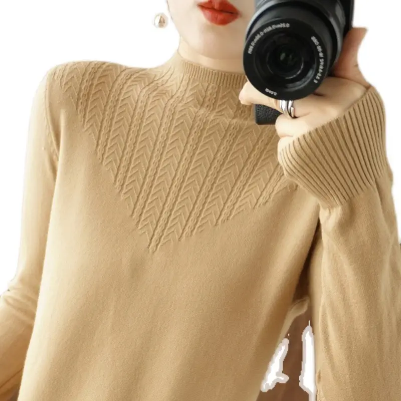 Women's New Knitted Half Turtleneck Top Beige - Image 6