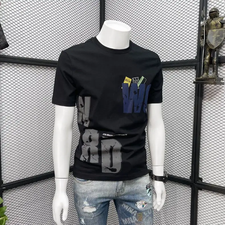 Men Black Graphic T-Shirt Slim Fit Round Neck Summer Casual - Image 3