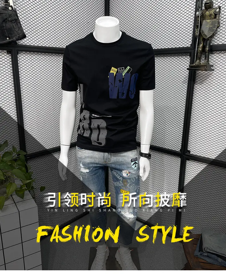 Men Black Graphic T-Shirt Slim Fit Round Neck Summer Casual — feature 1