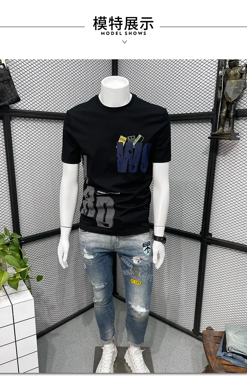 Men Black Graphic T-Shirt Slim Fit Round Neck Summer Casual — feature 3