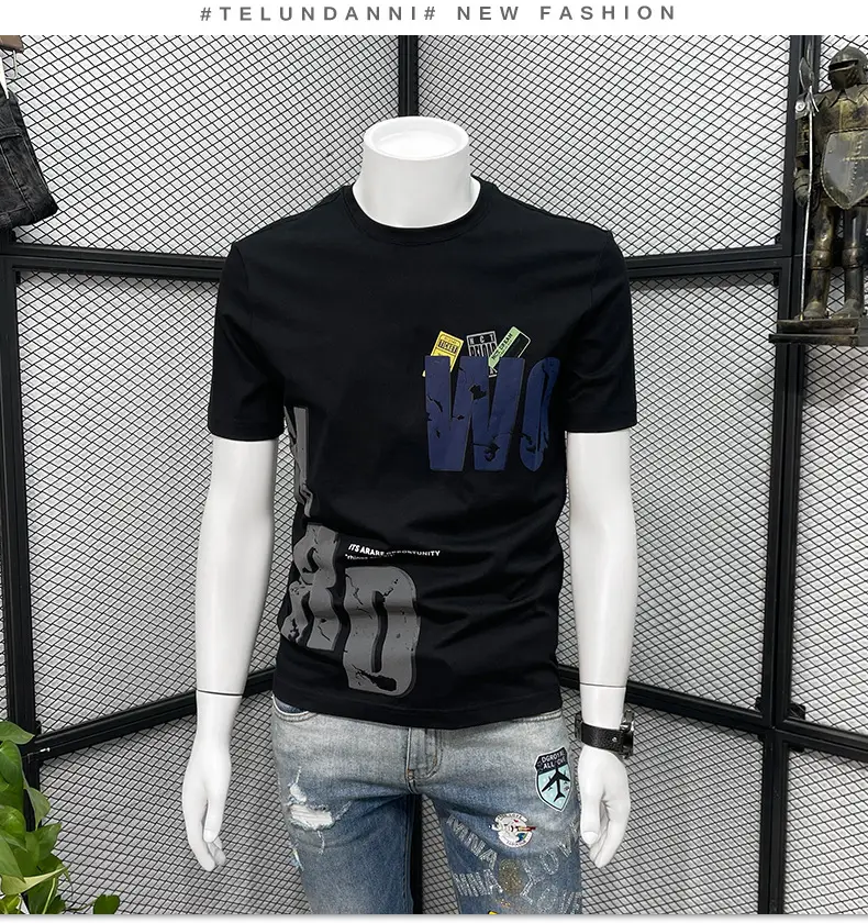 Men Black Graphic T-Shirt Slim Fit Round Neck Summer Casual — feature 4