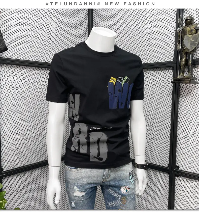 Men Black Graphic T-Shirt Slim Fit Round Neck Summer Casual — feature 5