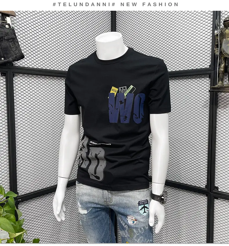 Men Black Graphic T-Shirt Slim Fit Round Neck Summer Casual — feature 6