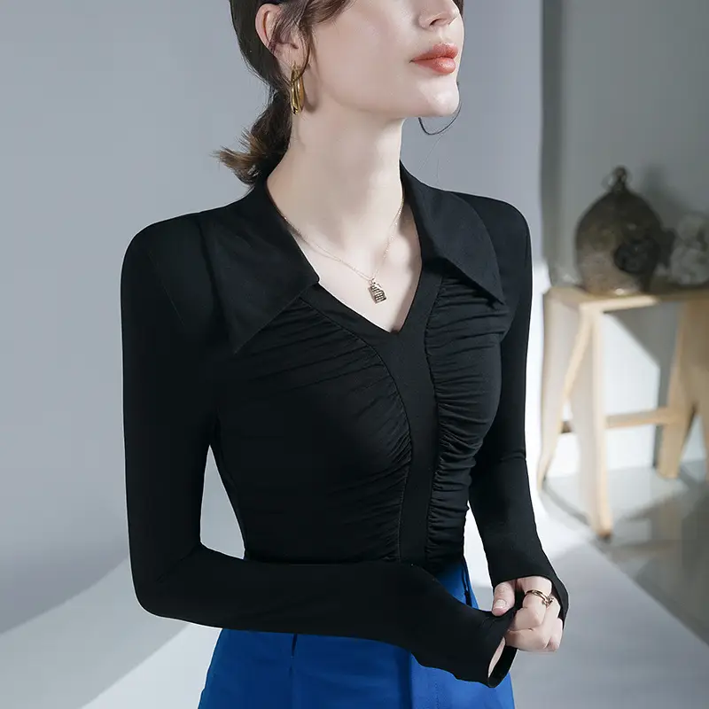 Black Pleated Long Sleeve Western Top for Women