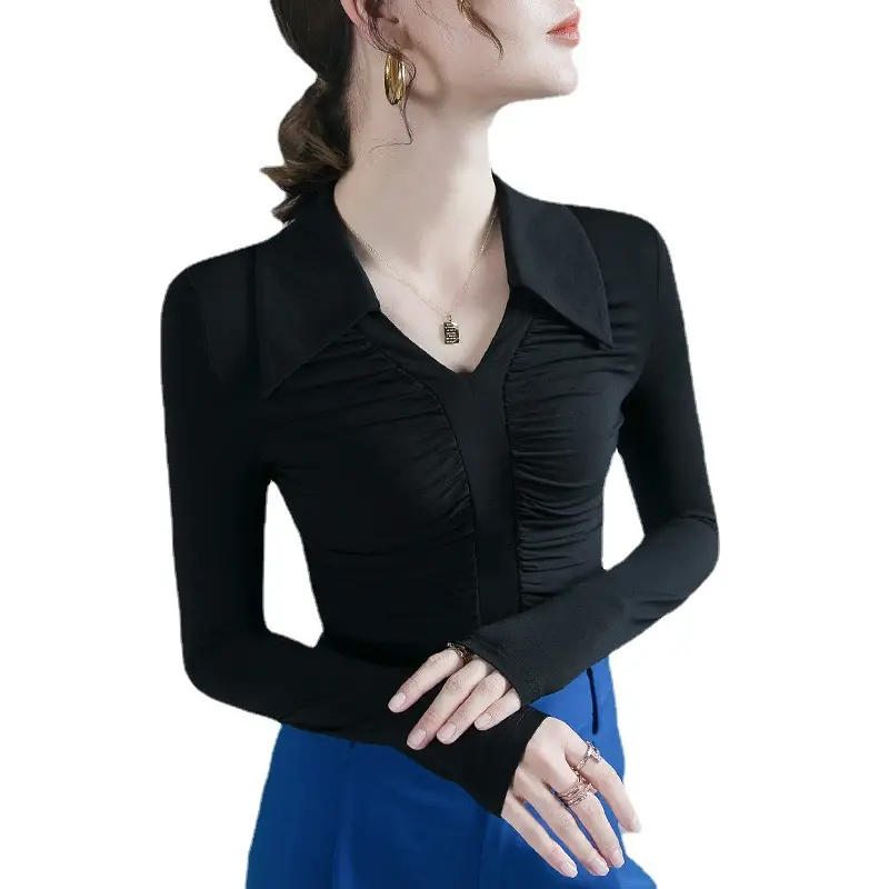 Black Pleated Long Sleeve Western Top for Women