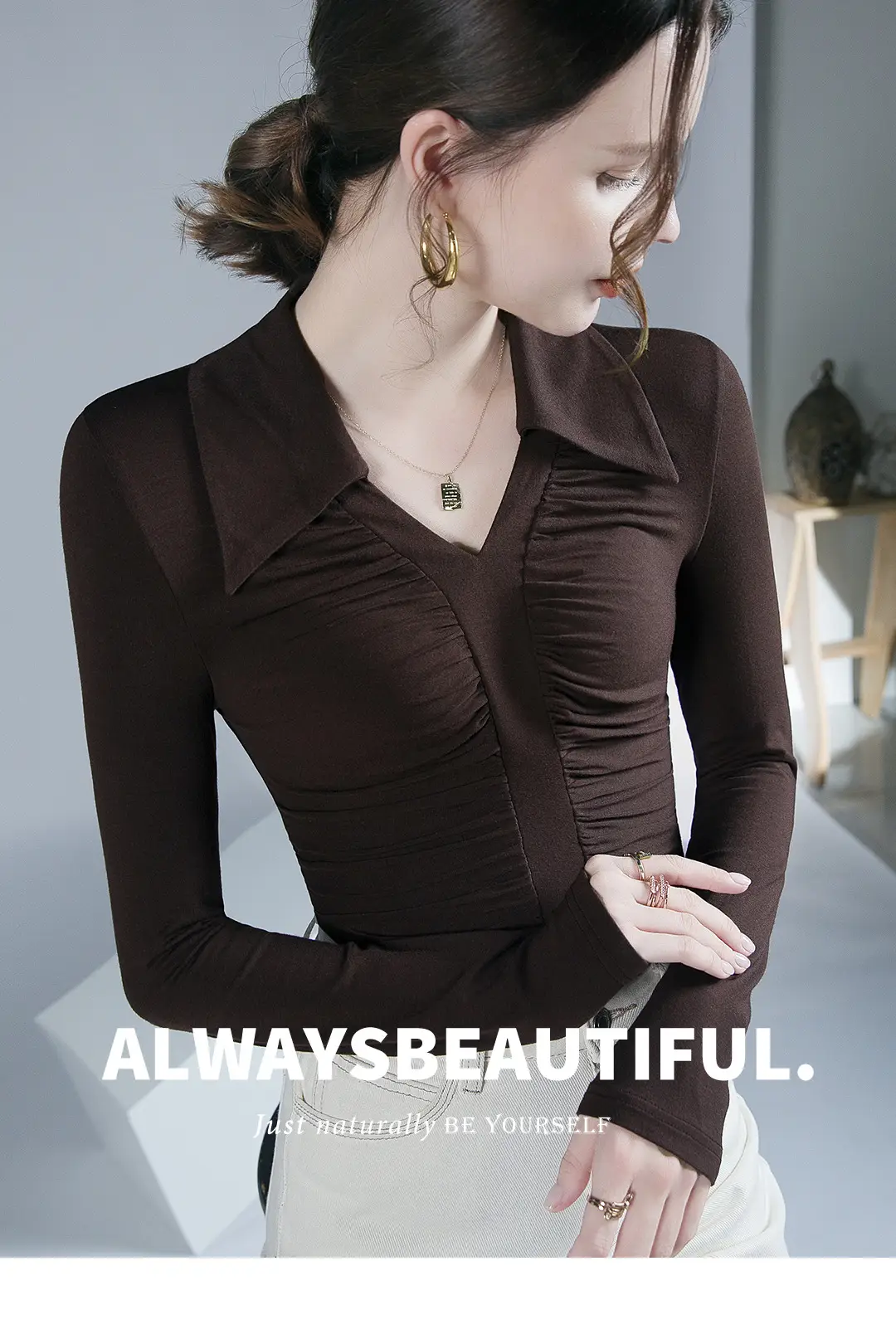 Black Pleated Long Sleeve Western Top for Women — feature 1