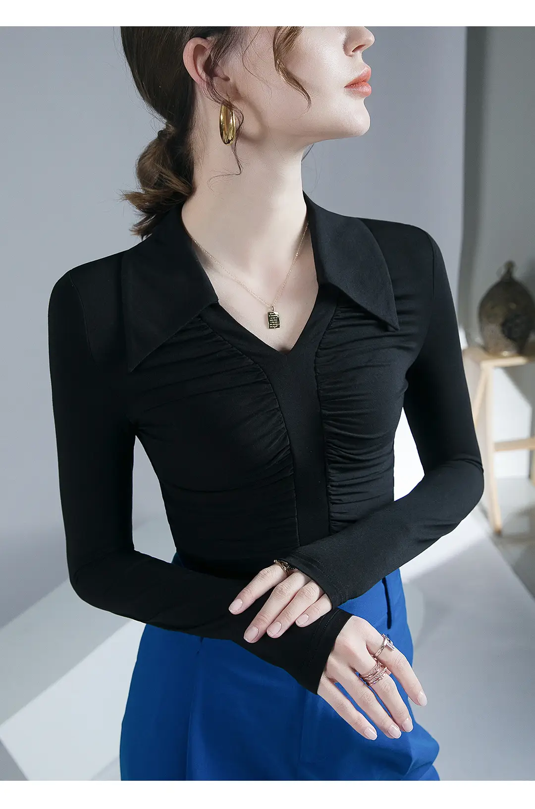 Black Pleated Long Sleeve Western Top for Women — feature 10