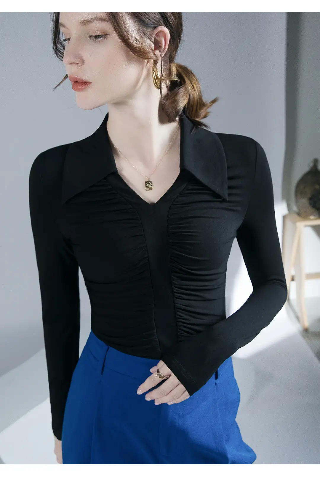 Black Pleated Long Sleeve Western Top for Women — feature 11