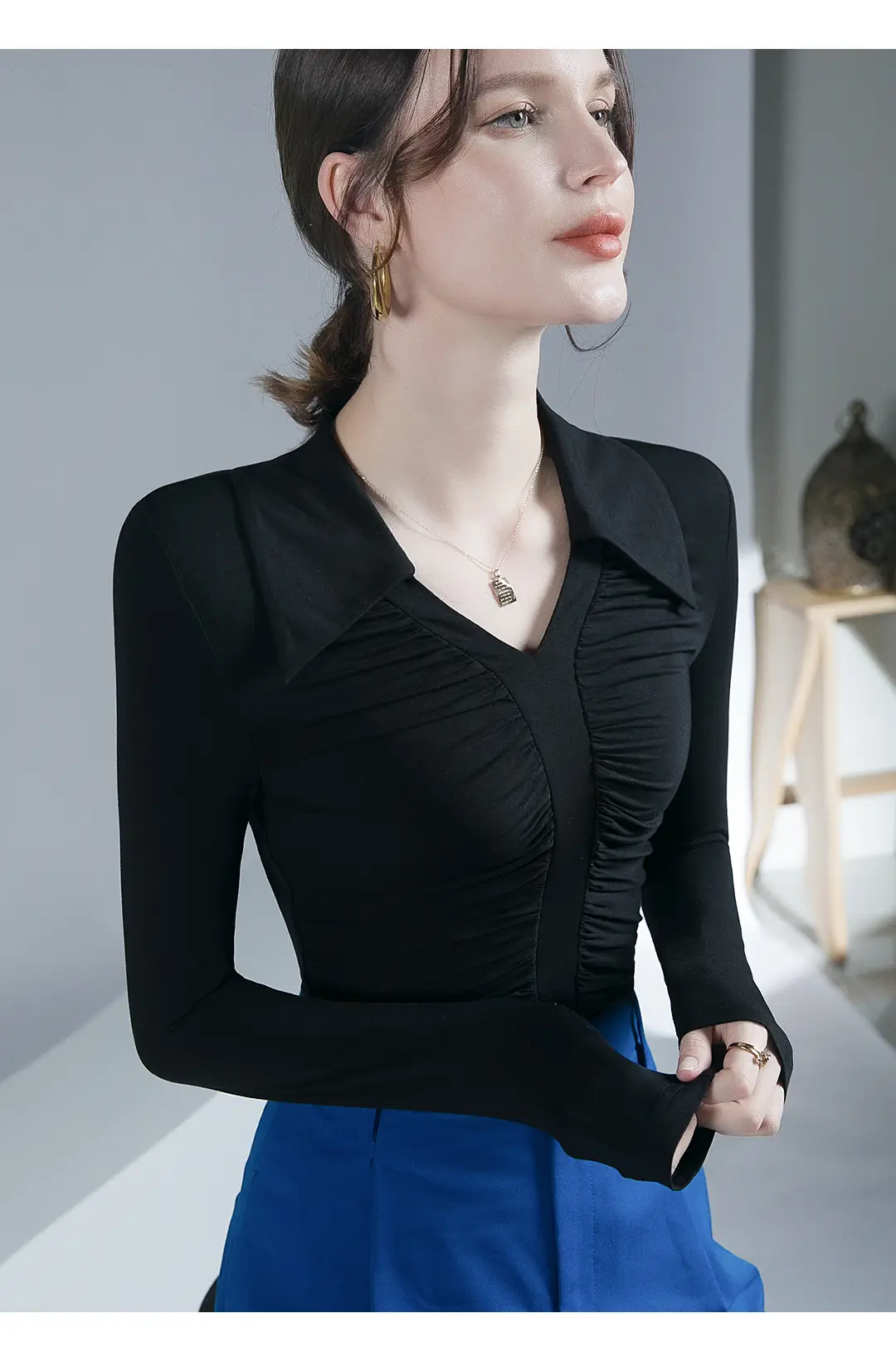 Black Pleated Long Sleeve Western Top for Women — feature 12