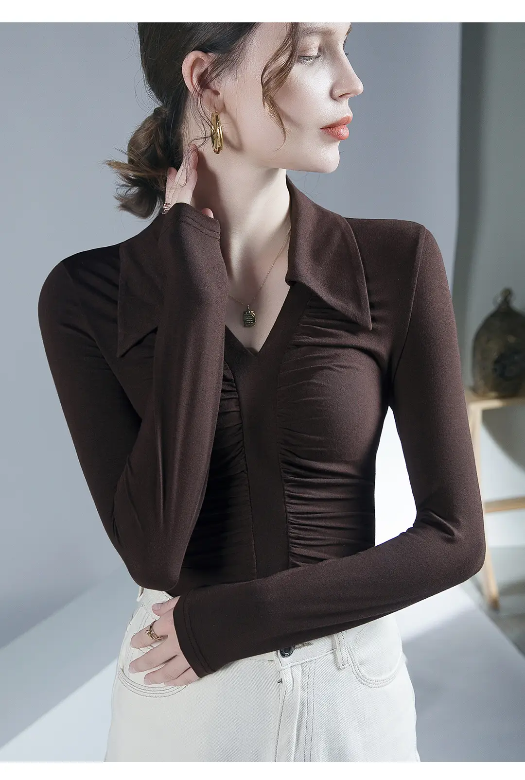 Black Pleated Long Sleeve Western Top for Women — feature 3