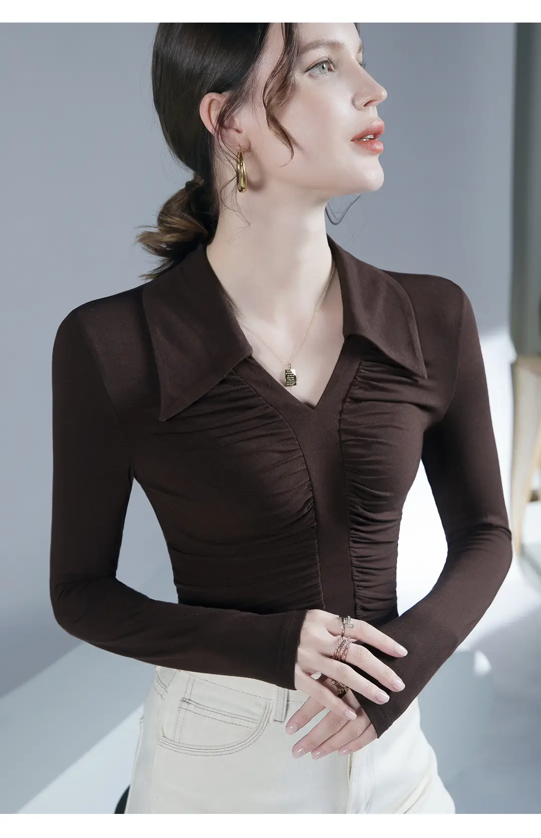 Black Pleated Long Sleeve Western Top for Women — feature 4
