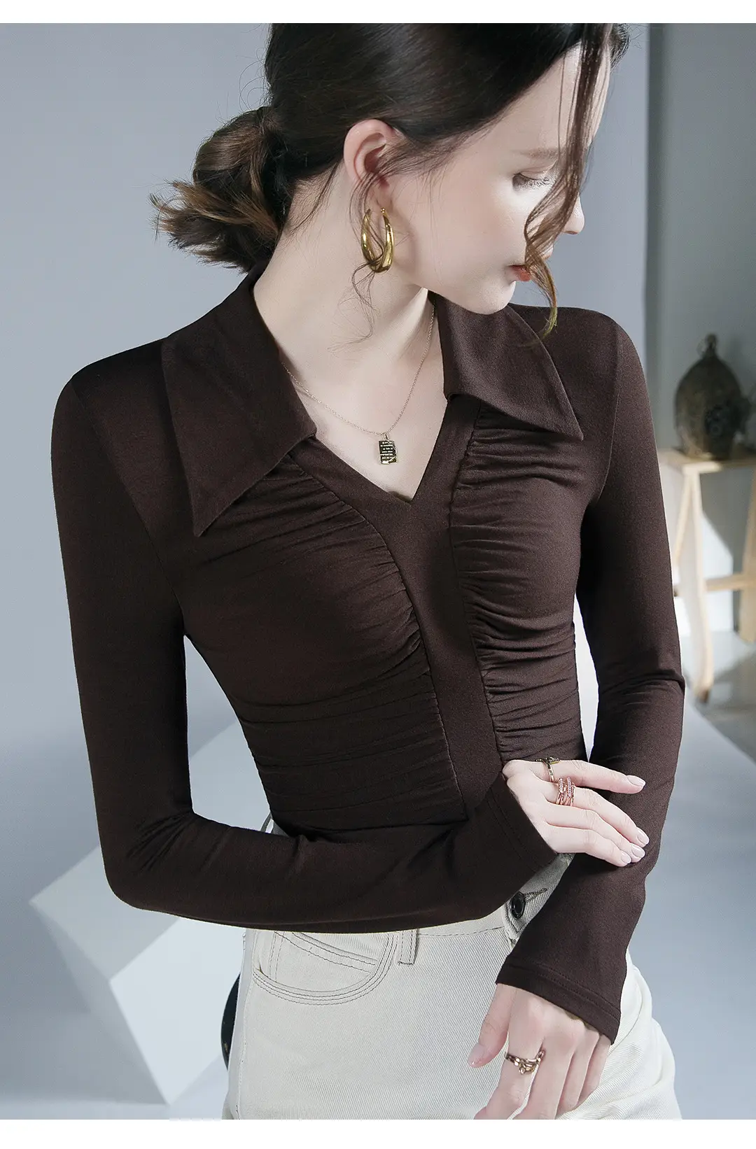 Black Pleated Long Sleeve Western Top for Women — feature 5