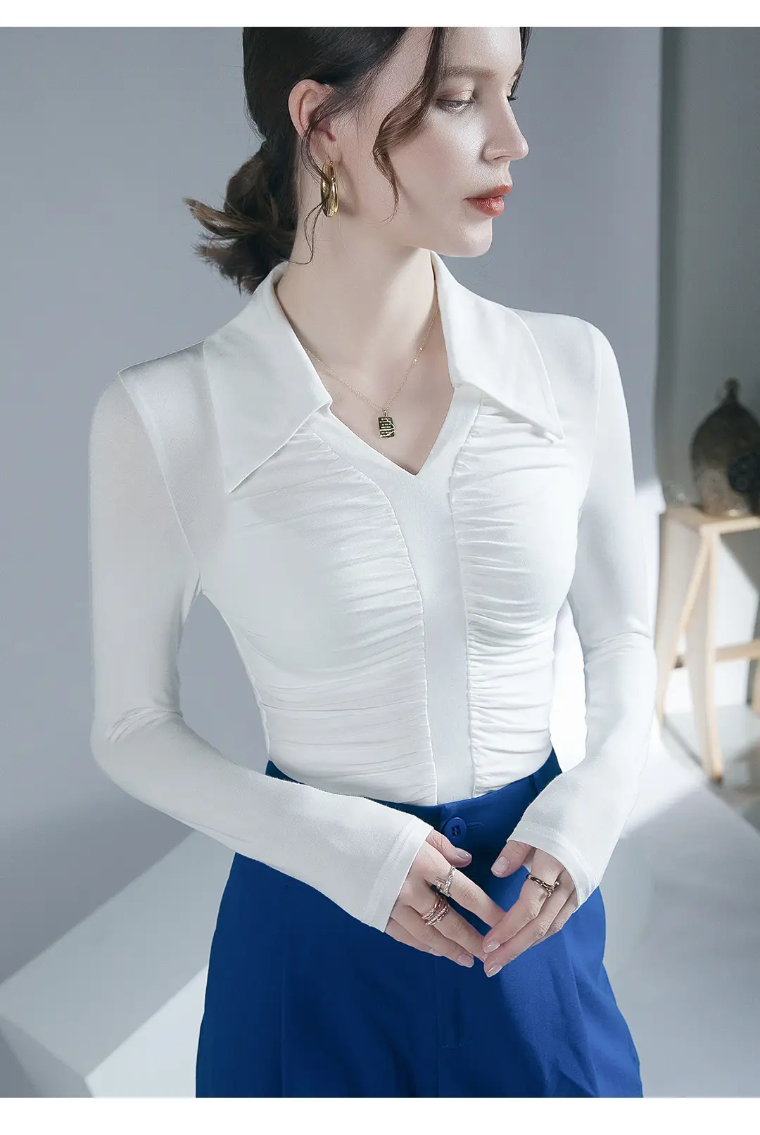 Black Pleated Long Sleeve Western Top for Women — feature 8