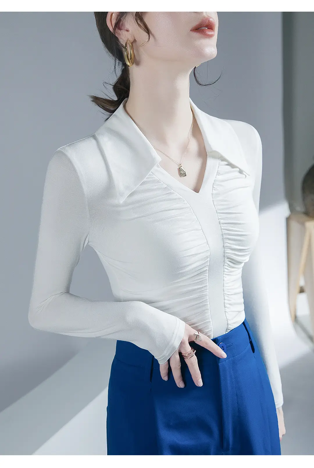 Black Pleated Long Sleeve Western Top for Women — feature 9
