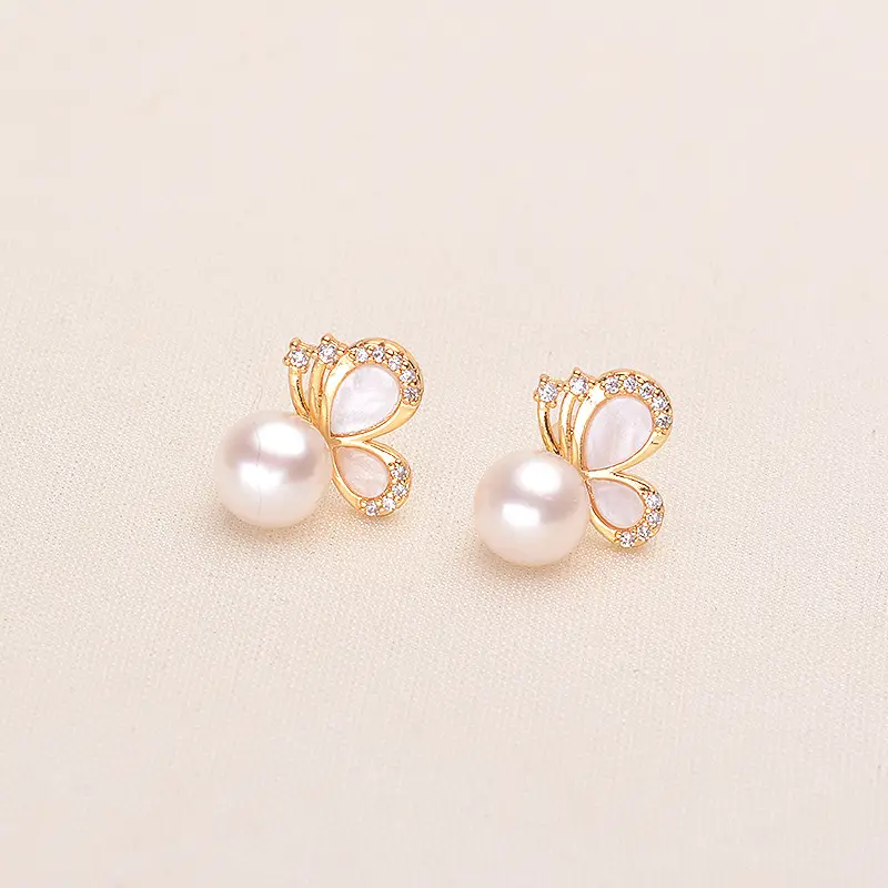 Butterfly Pearl Earrings 7-8mm Gold Plated - Image 2