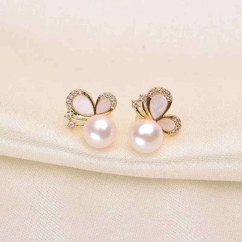 Butterfly Pearl Earrings 7-8mm Gold Plated - Image 3