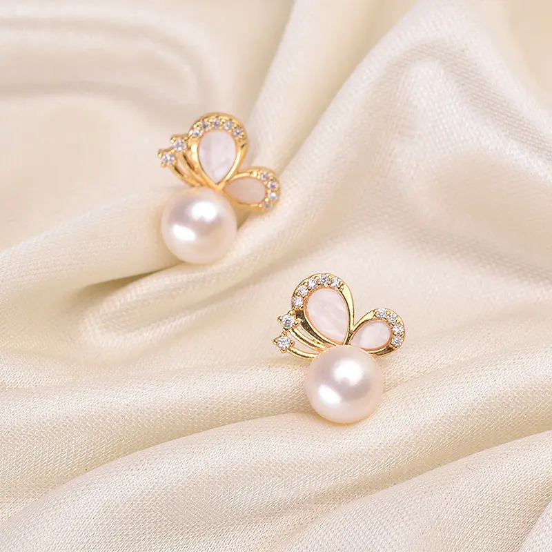 Butterfly Pearl Earrings 7-8mm Gold Plated - Image 4