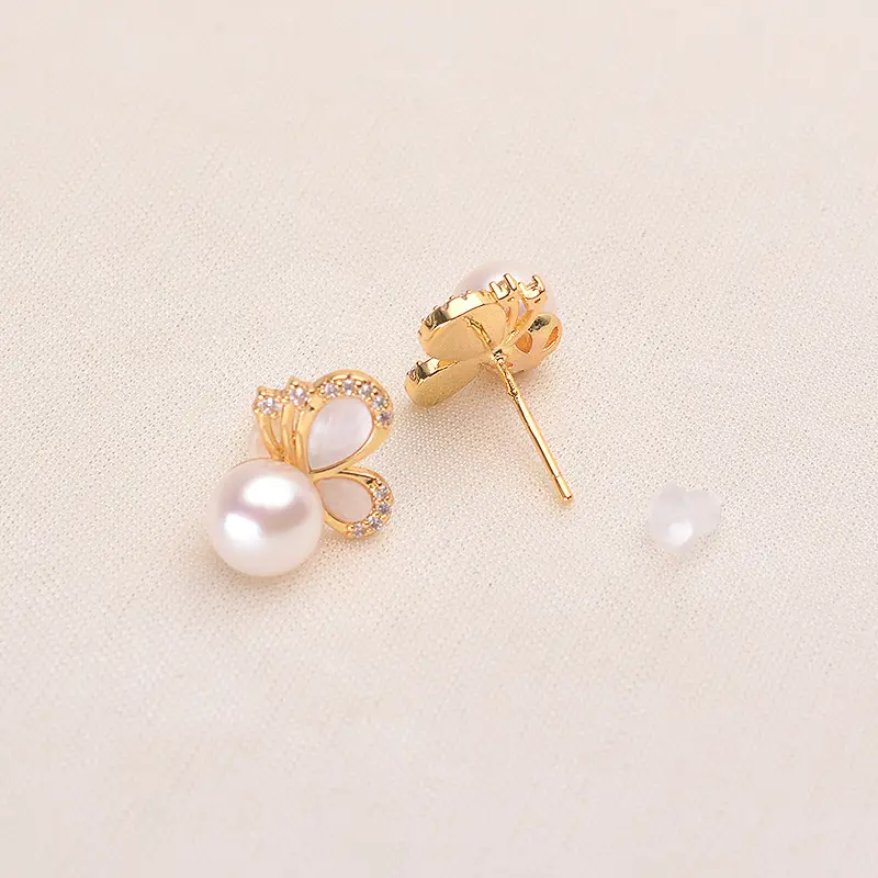 Butterfly Pearl Earrings 7-8mm Gold Plated - Image 5
