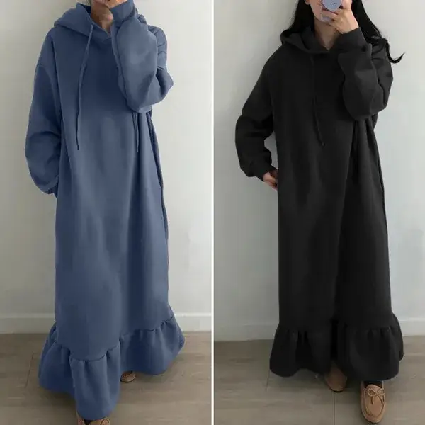 Velvet Hooded Sweatshirt Plus Size Loose Long Dress — feature 2