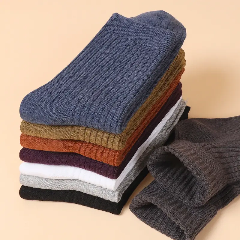 Socks Men's Autumn and Winter Pure Cotton Mid-length Socks Double Needle Vertical Strip Men's Casual Business Cotton Socks Stockings Solid Color All-match Trendy