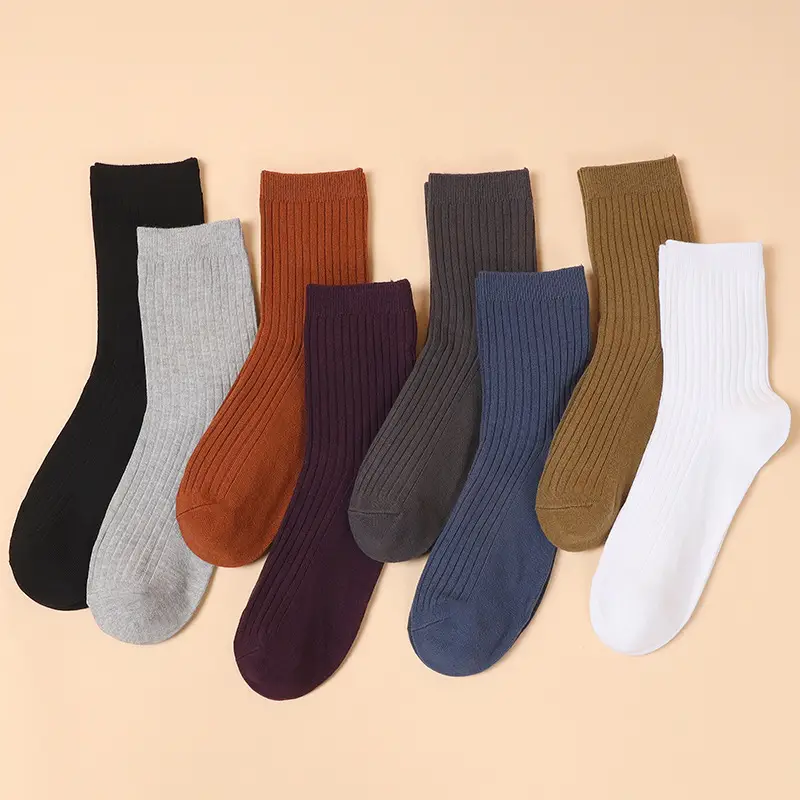 Socks Men's Autumn and Winter Pure Cotton Mid-length Socks Double Needle Vertical Strip Men's Casual Business Cotton Socks Stockings Solid Color All-match Trendy