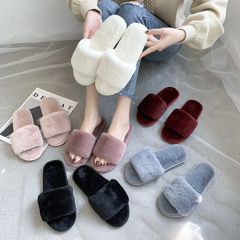 2022 Autumn and Winter Cotton Slippers Women's Indoor Korean-style Home Flat Open Toe One-character Popular Fashion Short Plush