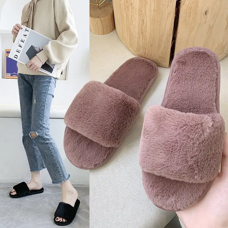 2022 Autumn and Winter Cotton Slippers Women's Indoor Korean-style Home Flat Open Toe One-character Popular Fashion Short Plush