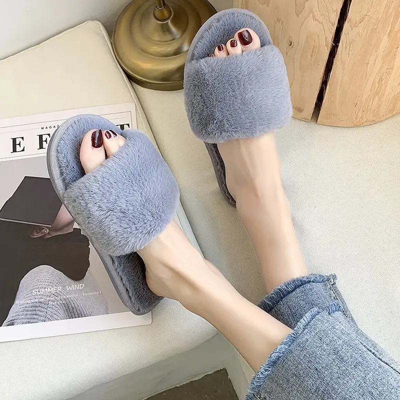 2022 Autumn and Winter Cotton Slippers Women's Indoor Korean-style Home Flat Open Toe One-character Popular Fashion Short Plush