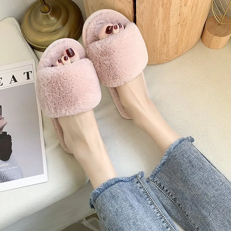 2022 Autumn and Winter Cotton Slippers Women's Indoor Korean-style Home Flat Open Toe One-character Popular Fashion Short Plush