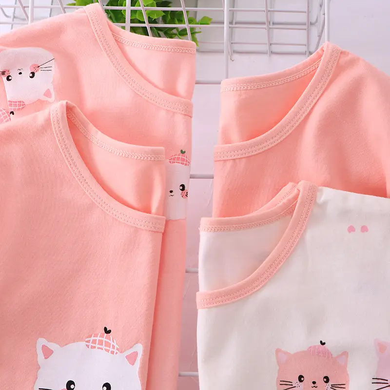 Girls Long Sleeve T-Shirt Set Pink & Cream Summer Print - Image 4