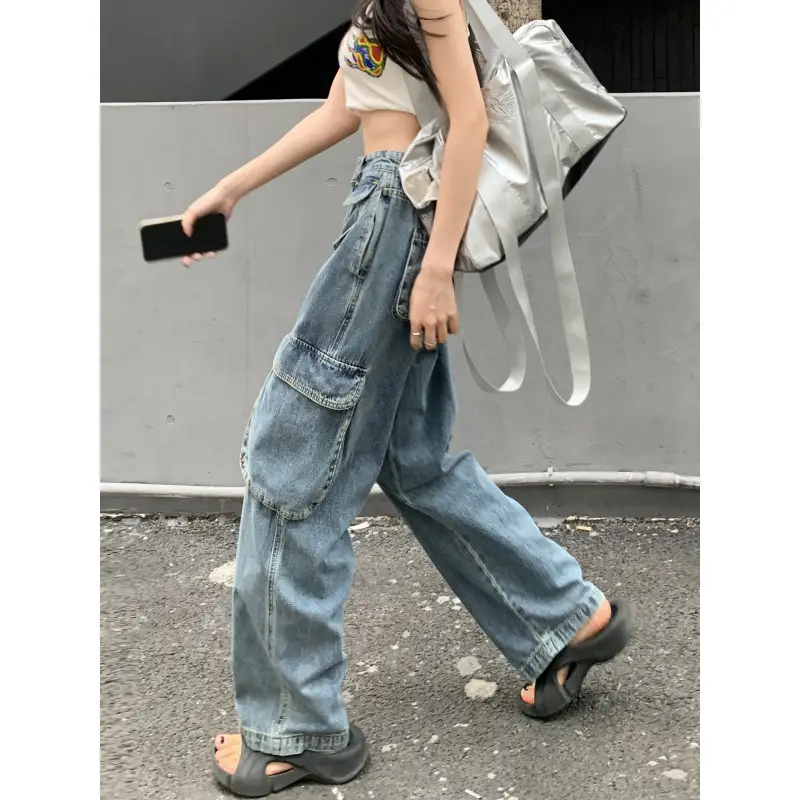 Women's Plus Size Fat Girl Tooling Jeans Loose Casual Straight Pocket Wide Leg Vintage American Style Mop Jeans - Image 3