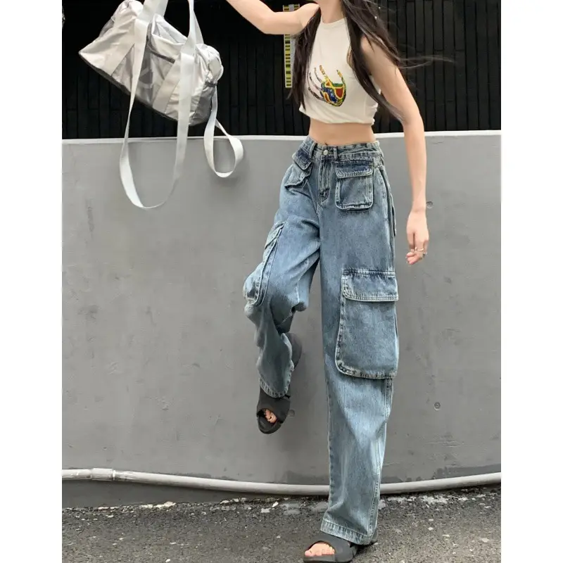 Women's Plus Size Fat Girl Tooling Jeans Loose Casual Straight Pocket Wide Leg Vintage American Style Mop Jeans - Image 4