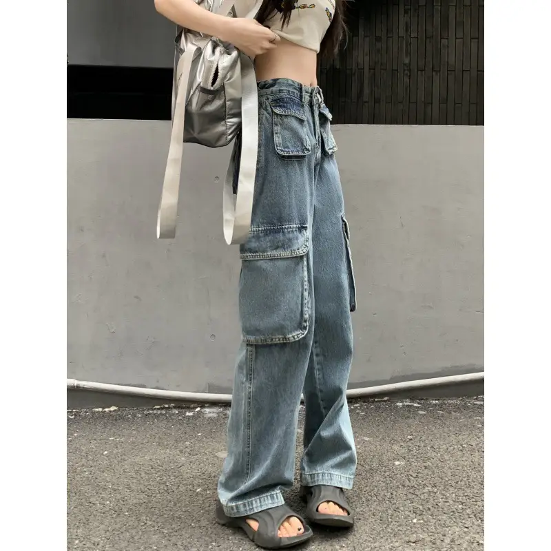 Women's Plus Size Fat Girl Tooling Jeans Loose Casual Straight Pocket Wide Leg Vintage American Style Mop Jeans - Image 5