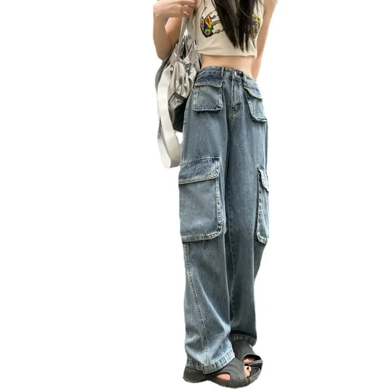 Women's Plus Size Fat Girl Tooling Jeans Loose Casual Straight Pocket Wide Leg Vintage American Style Mop Jeans - Image 6