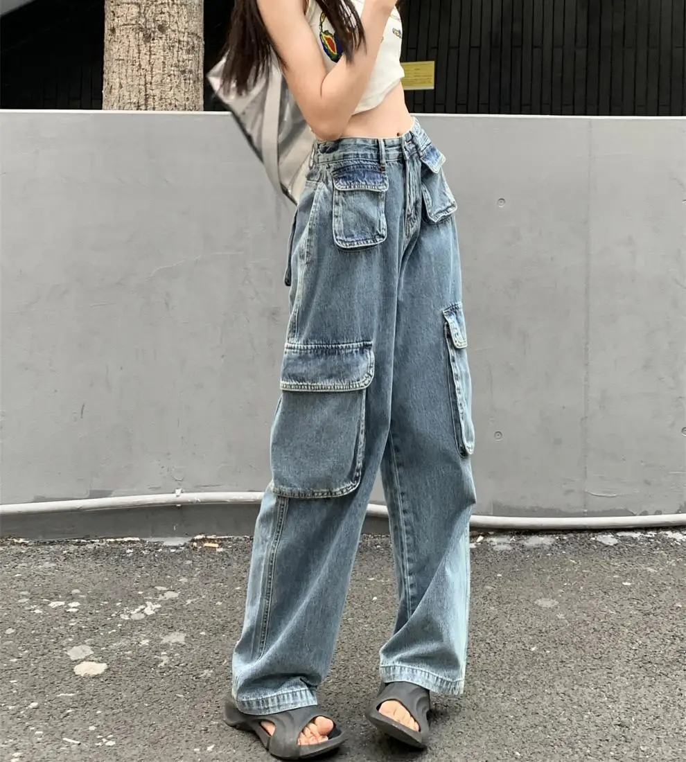 Women's Plus Size Fat Girl Tooling Jeans Loose Casual Straight Pocket Wide Leg Vintage American Style Mop Jeans — feature 34